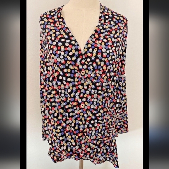 Colorful Polka Dot Faux Wrap Blouse Retro Career Elegant 2X Date Night Feminine - Picture 2 of 9